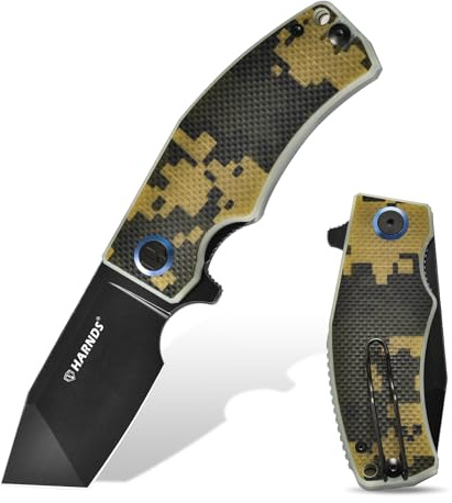 Harnds Taschenmesser D2 Stahl Klappmesser Tanto Klinge EDC Messer mit Taschenclip, G10 Griff, Scharfe Camping Messer Revenant (Camo-Schwarz Titan dann Stonewash)