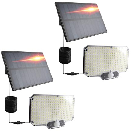 da LIGHT Solarleuchte Außen mit Fernbedienung 2 Stück, 234 LED Solarlampe mit 4,5m Kabel & Bewegungsmelder, 300LM 6500K, 3 Modi, IP65 Wasserdicht, Wandleuchte Solar für Schuppen, Garage, Garten