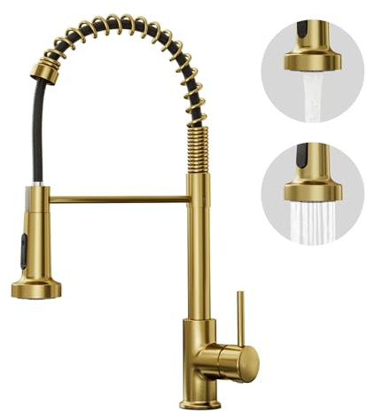 BESy Brushed Gold Kitchen Sink Tap, 2 Function Kitchen Sink Mixer Taps with Pull Out Spray, Brass High-Arc 360° Swivel Single Handle Spring Rv Taps