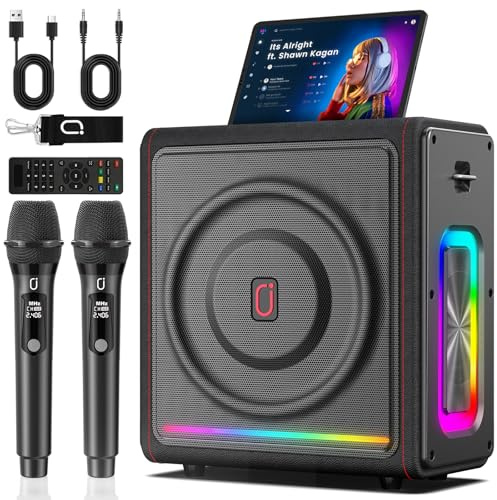 Karaoke Machine for Adults with 2 Wireless Microphones, Portable Bluetooth 5.3 Speaker with Bass/Treble/Echo Adjustment, PA System with Remote Control, Supports TV/TF Card/USB/AUX/TWS (2MICS)