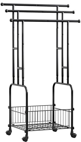 Yorbay Porte-Serviettes de Salle de Bain pour Serviette, Draps de Bain, Couvertures : Porte-Serviettes sur Pied en Métal avec 3 Barres et Panier de Rangement pour Piscine, Gain de Place, Noir