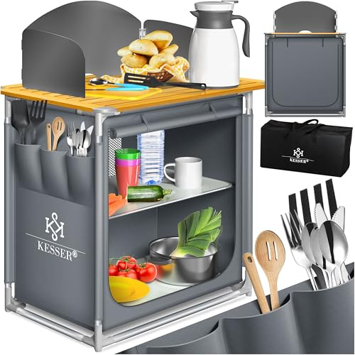 KESSER® Campingküche | Inkl. Tragetasche & Becherset | Campingschrank Faltschrank | mit Aluminiumgestell | Reiseküche | Küchenbox | Zeltschrank | Outdoor Camping Küche | Grau | Typ F2