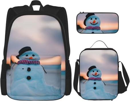 OXKGHHO Juego de mochila de trabajo con estampado de muñeco de nieve con lonchera aislada, correas ajustables, para gimnasio y uso diario, Negro -, Talla única