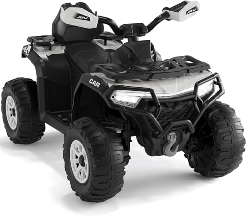 HAUSPROFI 12 V Motociclo Elettrico ATV a 4 Ruote per Bambini, Giocattolo Elettrico a 2 Posti con Velocità Alta e Bassa, Musica, Luci a LED per Bambini più Grandi, Bianco