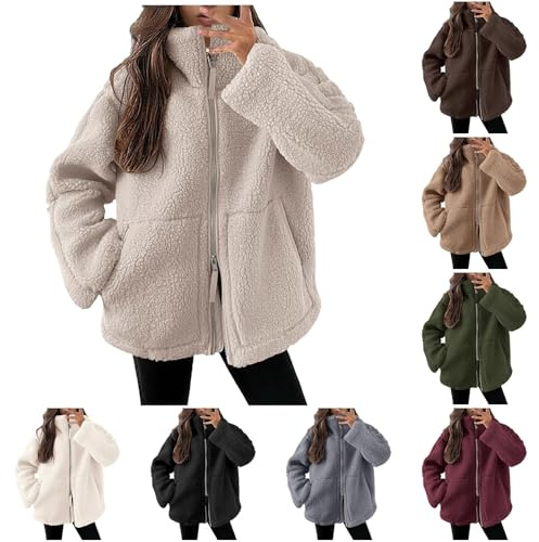 Generisch Teddyjacke Damen Winter Teddyfleece Jacke Doppelschieber Reißverschluss Winterjacke Thermal Teddy Wintermantel Einfarbig Revers Fleecejacke Flauschig Plüschjacke Outdoor Fleecemantel