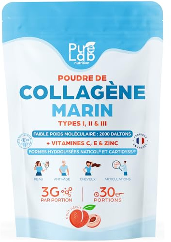 Collagène Marin (poudre) Types 1 2 3 + Vitamines C & E + Zinc, 30 portions, Peau & Articulations, Hydrolysé & Sans saveur, Peptides en Poudre, Fabriqué en France (30 portions, Pêche)