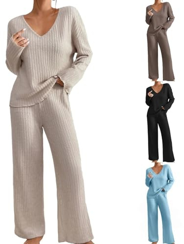 Womens Pyjamas Set Nightwear, Ladies Ribbed 2 Piece Outfits Loungewear Sets Leisure Suits Homewear V Neck Long Sleeve Jumpers and Wide Leg Trousers with Pockets Beige