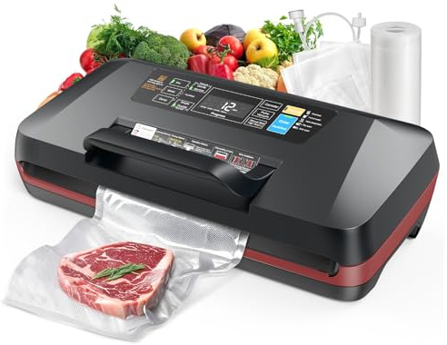 95KPa Vacuum Sealer Machine for Food, Automatic with Dual 12mm Heat Seal, 10-in-1 Modes, Built-in Cutter & Bag Storage, Includes 1 Roll and 10 Pre-Cut Bags