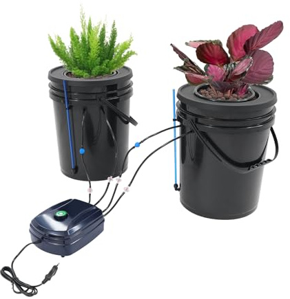 Loobiiny Hydroponiskt odlingssystem, droppsats med 12 W luftpump, hydroponisk odling, 2 x 18,93 l hink, jordlös växtodling