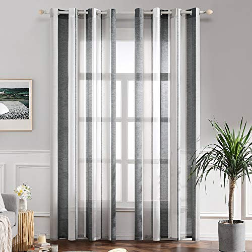 MIULEE Gardinen Gestreift Transparent mit Ösen, Voile Vorhänge Wohnzimmer Modern 2er Set, Vorhang Schlafzimmer Transparent mit Dunkelgrau Weiss Gestreift, Vorhang Halbtransparent Streifen 140X225 cm
