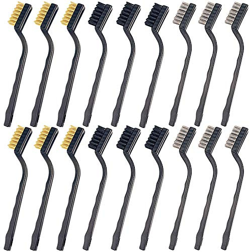 CKANDAY 18er-Pack Mini Drahtbürsten(Edelstahl + Messing + Nylon), Gebogene Griffmauerwerk-Borsten-Kratzbürste Bürstengarnitur zum Reinigen von Schlacken und Rost, 6 Stück pro Typ
