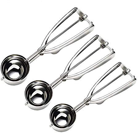 FUKTSYSM Ice Cream Scoop Set - 3 Pcs Stainless Steel Scoop with Trigger, Small (1.57 Inch), Medium (1.96 Inch), Large (2.36 Inch) - Melon and Cookie Scoop