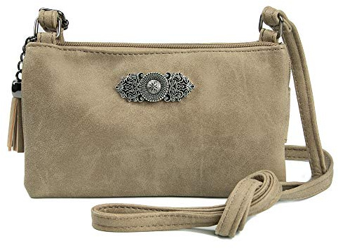 Enzianblau Trachten: Tasche in Leder-Optik mit Ornamentbrosche, Trachtencluch, Oktoberfest Tasche zum Dirndl (Taupe)