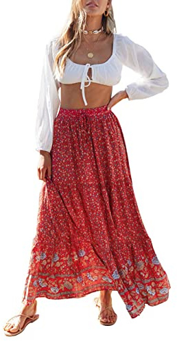 ZESICA Dam 2023 bohemiskt blommigt tryckt elastisk midja A-linje maxikjol med fickor, Röd vintage, XL