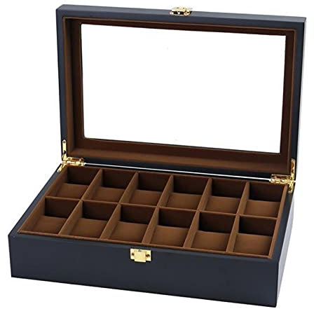 Guolich Uhr Aufbewahrungsbox Uhr Display Display Halter Gehäuse Massiver Holzschmuck Armband Kollektion Organizer mit Glasdeckel Schwarz (12 Slots)