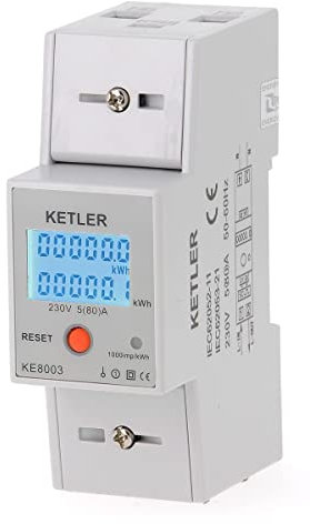 KETLER - KE8003: Contatore elettrico modulare - Monofase 80 A - Reset parziale - Uscita impulsi - Display LCD