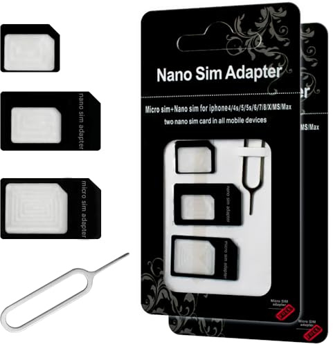 Pack 2 Nano SIM Card Adapter, Converter Kit Nano to Micro SIM/Standard with Tray Eject Pin for iPhone,Android Smartphones and Mifi Hotspot Devices.