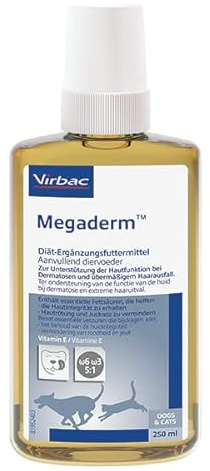 Virbac Megaderm | 250 ml | Diätergänzungfuttermittel für Hunde und Katzen | Kann die Hautfunktion bei Dermatose und übermäßigem Haarausfall unterstützen | Enthält Vitamin E