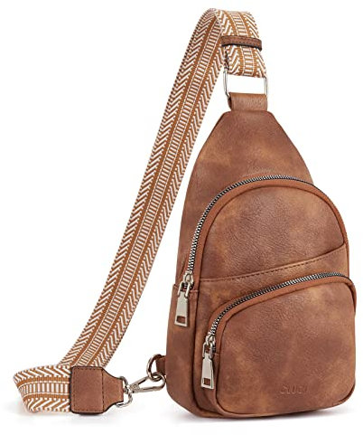 CLUCI Klein Brusttasche Damen Crossbody Bag, Sling Bag PU Leder für Damen und Herren, kleine Umhängetasche Sport，Bauchtasche Gürteltasche Breiter Gurt für Outdoor Reisen Braun
