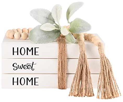 kroucoco Livres décoratifs recouverts de lin, livres à empiler de style ferme, décoration de table basse, salon, couverture rigide, décoration d'étagère – Home Sweet Home, blanc (3 pièces, 21,6 x 27,9