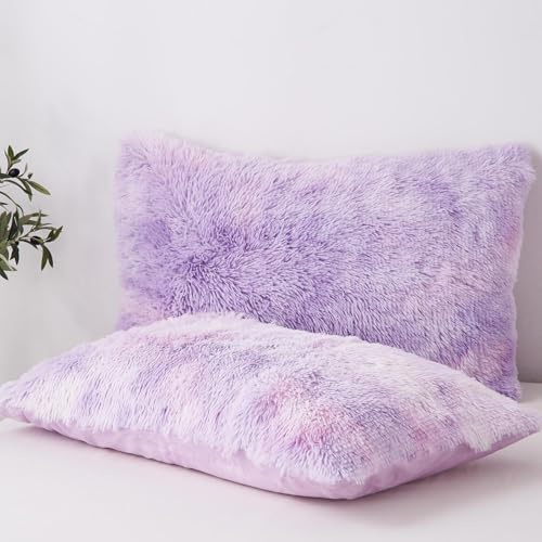 Freyamy Plüsch Kissenbezug 40x80cm 2er Set Violett Langhaar Kunstfell Flauschig Kopfkissenbezug Flanell Samt Biber Kissenhülle Winter Warme Zierkissenbezug