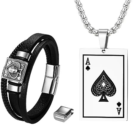 OIDEA Herren Halskette Armband Set, Kette aus Edelstahl mit Keltischer Knoten Kreuz Spielkarte Anhänger & Breit Armband aus Echtleder, Gold Silber