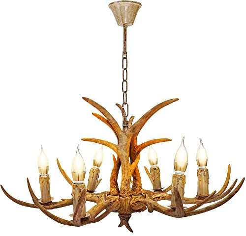 YISSALE Retro Geweihlampe Deckenleuchte Deckenlampe Kronleuchter Harz Hirsch Hirschgewei 6 Lampen Höhenverstellbar Esszimmer Wohnzimmer Cafe Bar