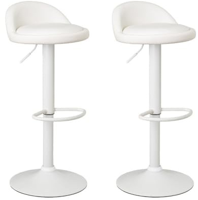 LOLAhome - Set de 2 Taburetes de Cocina Giratorios en 360°, Juego de Sillas de Bar Regulables en Altura de 72 a 92 cm, con Respaldo de Polipiel, Estructura Metal Blanca y Reposapiés, Blancos