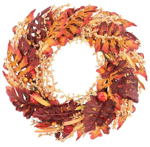 Larber Herbstkranz für Haustür, 45 cm Mit Mini Kürbissen, Beeren und Blättern - Türkranz für Außen, Halloween und Thanksgiving Deko