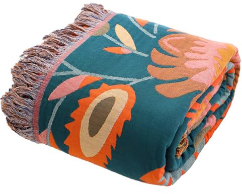 Wotcsil Plaid Coton Canapé Grande Taille 200x230cm Dessus Jeté de Canapé Orange à Motif Floral Couverture Couvre pour Lit Fauteuil avec Franges