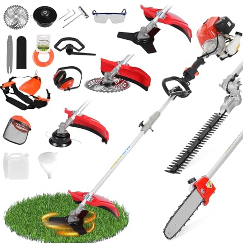 52cc Gas Weed Wacker, 5 in 1 Multi Weed Eater Gas Powered, Petrol Hedge Trimmer, Grass Trimmer ＆ Long Pole Brush Cutter, Outdoor Trimming Tool for Home, Yard, Garden (Red