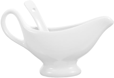 Cabilock Gravy Boat Spill-Proof Design with Deep Spoon White 175ml Ceramic Easy to Scoop Sauces Sauce Pitcher for Serving at Business Dinners