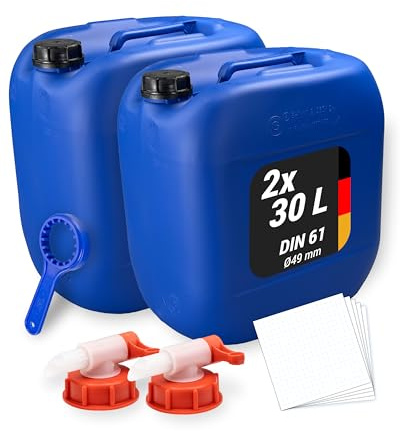 Trevendo 2er-Set Wasserkanister - Kunststoffkanister (30 Liter, DIN 61, Ø49 mm, blau) - lebensmittelecht & BPA-frei - inkl. Deckel, 2 Auslaufhähne, Ringschlüssel & 5 Beschriftungsetiketten