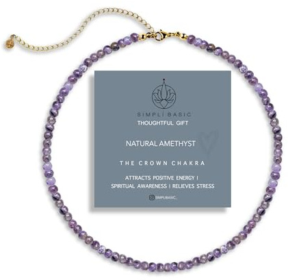 SIMPLÍ BASIC Natural Healing Gemstone 4mm Bead Necklace | Womens & Mens Beaded Fashion Jewellery | Inc Gift Box Jewellery Gifts for Women Mum Christmas Birthday (Amethyst)