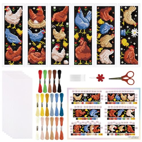 ORIGACH 6 Stück Henne Kreuzstich Lesezeichen Set, Anfänger Kreuzstich Set mit Anleitung Vorgedruckt, Vorgedruckt Sticken Lesezeichen-Set für Erwachsene, Buch-Liebhaber