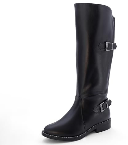 Cushion Walk EEE Extra-Wide Fit Low Block Heel Knee High Riding Style Boots (6 UK, Black)
