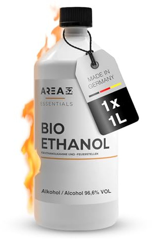 Area52 Bioethanol, 1L Reiner Ethylalkohol mit 96,6% Reinheitsgrad | Ethanol für Ethanolkamine, Tischkamine & Feuerstellen, geruchlos & rußfrei