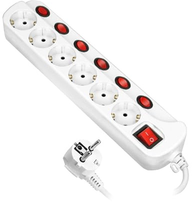 Regleta de 6 enchufes Schuko con interruptores individuales y protección contra sobretensiones, cable de 1,5 m