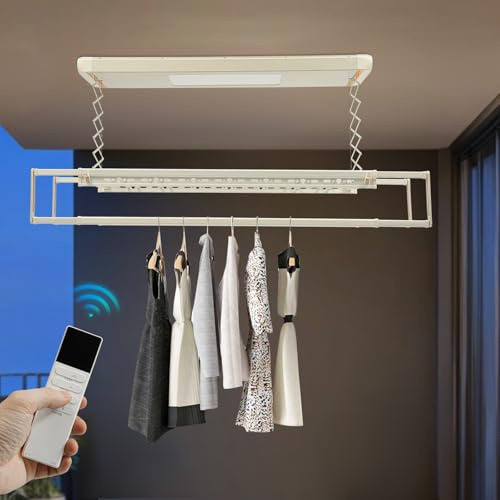 LENDISIY Elektrischer Wäscheständer Deckenmontage, Hebender Wäascheständer Decke mit Fernbedienung + LED-Beleuchtung, Kleiderstange 130-215 cm Einstellbare, 20m Fernbedienung (Off-White)