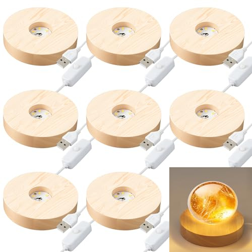 Sileasncei 8 Pack Wooden LED Light Display Base with Switch, 3.9” Round Warm Light Stand for Crystal Glass Ball Figurine, USB Powered Lighted Holder for Resin Crafts, Art Decoration