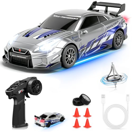 YOOHBERRYS Coche RC Drift Pro, 1:43 Mini RC Drift Car, 4WD Coche Radiocontrol con Giroscopios y Luces LED, 15km/h, Coche Teledirigido de Juguete para Niños de 14+ Años (Gris)