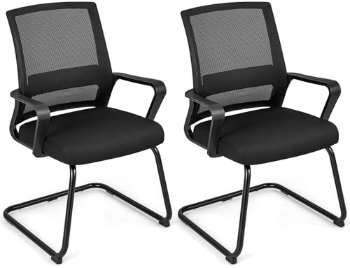 GIANTEX 2er Set Freischwinger Stühle mit Armlehne, Konferenzstuhl mit Lordosenstütze, Bürostuhl ohne Rollen, Schwingstühle für Konferenzraum & Besprechungszimmer (2)