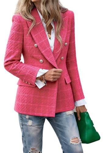 Tweed Blazers for Women Business Casual, Womens Double Breasted Blazers Dressy Long Sleeve Suit Jackets for Work Office, Trendy Elegant Professional Clothes Spring 2026(Rose Red, Large)