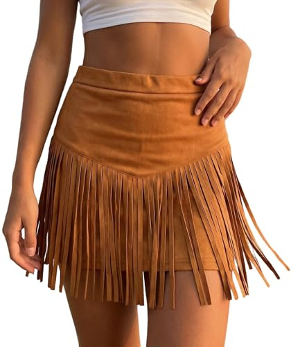 Edhomenn Womens Cowgirl Skirt Cowboy Fringe Mini Skirt Festival Outfits (02 Light Brown, L)