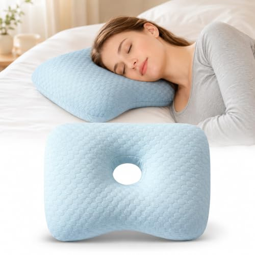 Qubitly Ear Pillow with Hole for Side Sleepers, Piercing Pillow for Ear Comfort, Washable Breathable Polyester Pillow, Cool Sleeping Pillow with Single Ear Hole Design, Ice Bean Blue