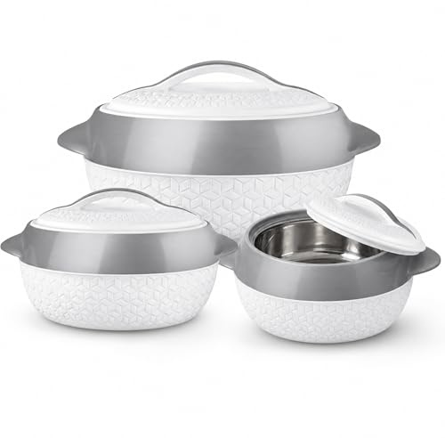 Insulated Hot Pot Set 3 Piece White, Food Warmer Casserole Serving Bowls 1L 1.5L 2.5L with Stainless Steel Lining, Double Wall PU Insulation, Secure Lids & Handles for Rice, Curry, Soup