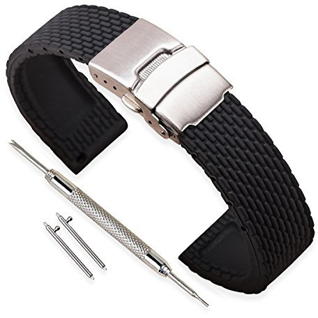 VINBAND Bracelet Montre Remplacer Silicone Bracelet Montre Homme Femme Noir - 18mm, 20mm, 22mm, 24mm Caoutchouc Montre Bracelet avec Quick Release Pins & Boucle Déployante (20mm, noir)