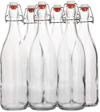 Flip Top Glass Bottle [1 Liter / 33 fl. oz.] [Pack of 6] – Swing Brewing with Stopper for Beverages, Oil, Vinegar, Kombucha, Beer, Water, Soda, Kefir Airtight Lid & Leak Proof Cap Clear