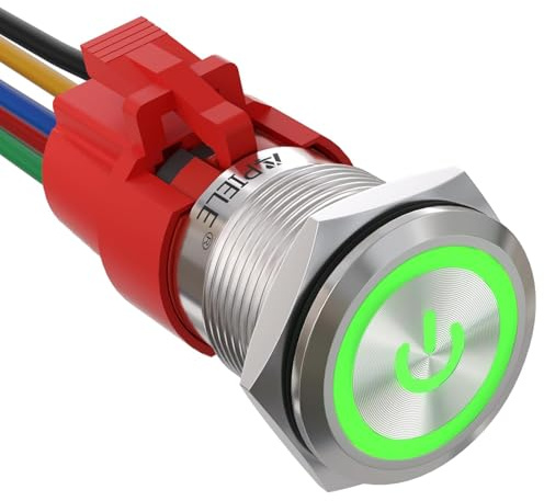 APIELE 19MM Latching Metallo Interruttore a pulsante,interruttore autobloccante pulsante 12VDC 5A，acciaio inossidabile pulsante con LED simbolo di potenza impermeabile (verde)