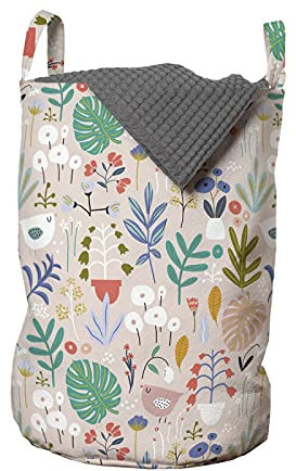 ABAKUHAUS Botanischer Wäschesack, Monstera Glockenblumen Vögel, Wäschekorb mit Griffen Kordelzugverschluss für Waschsalons, 33 cm breit x 49 cm hoch, Mehrfarbig